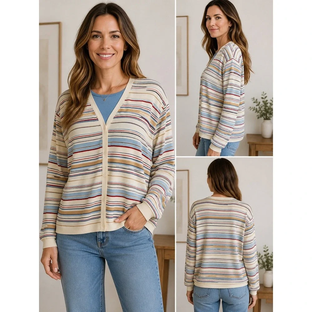 Vintage‎ Y2K Tommy Hilfiger Striped Cardigan Sweater Blue Cream Preppy Women's L